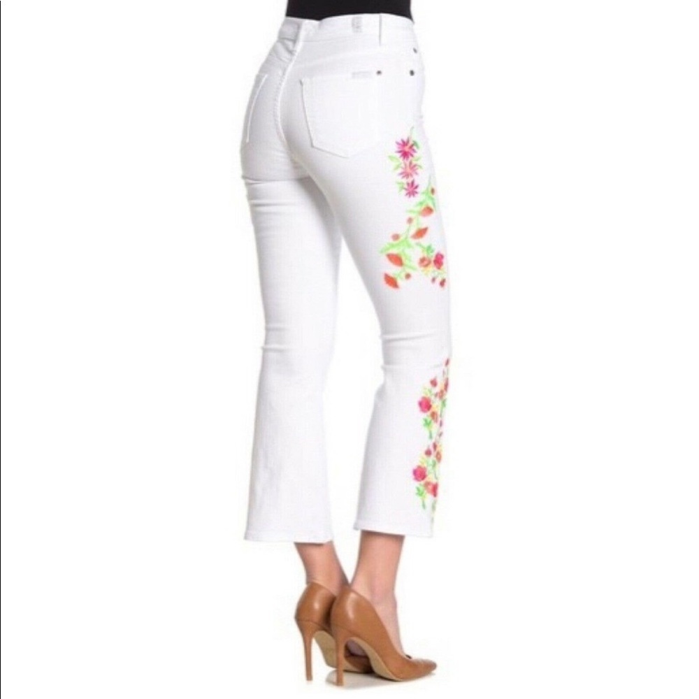 7 For All Mankind 7FAMK Neon Floral Embroidery Flare White Cropped Kick Jeans 28